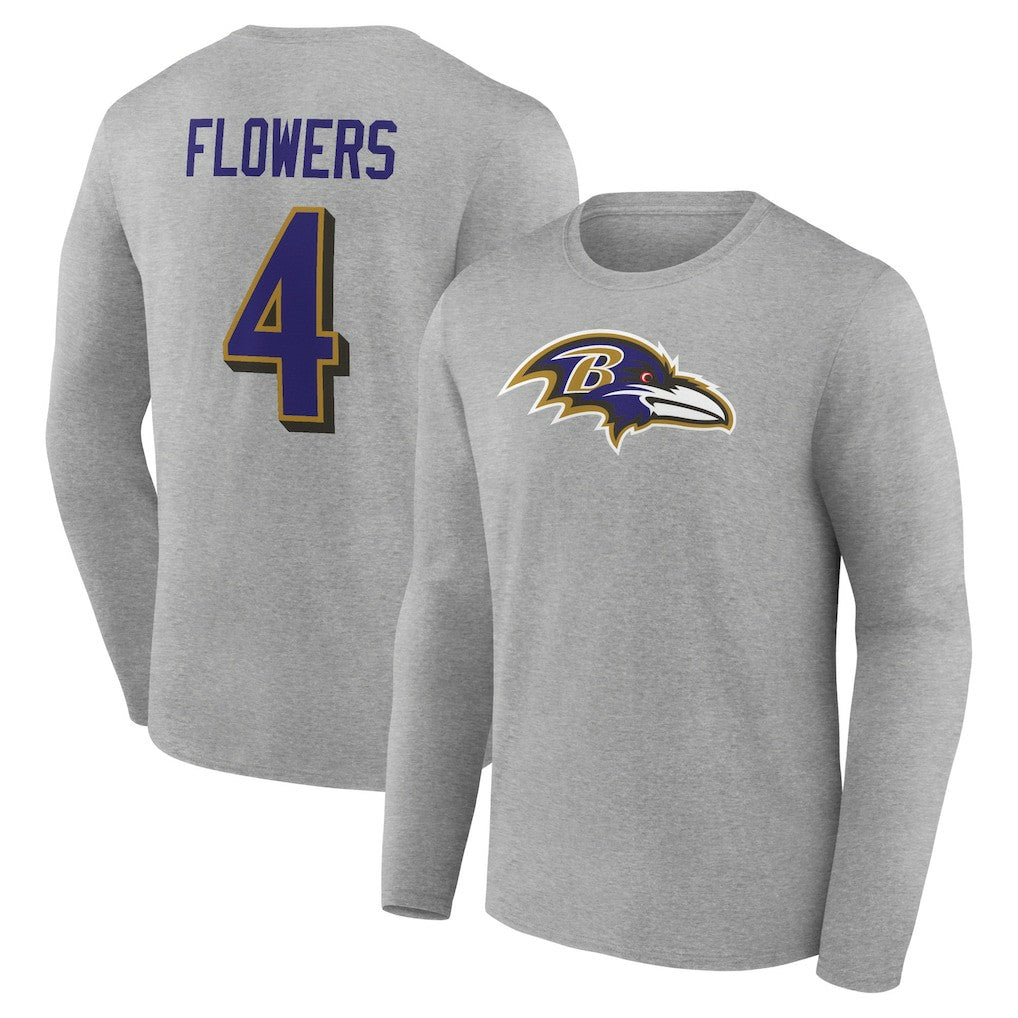 Zay Flowers Baltimore Ravens Icon Player Name & Number Long Sleeve T-Shirt - Gray online