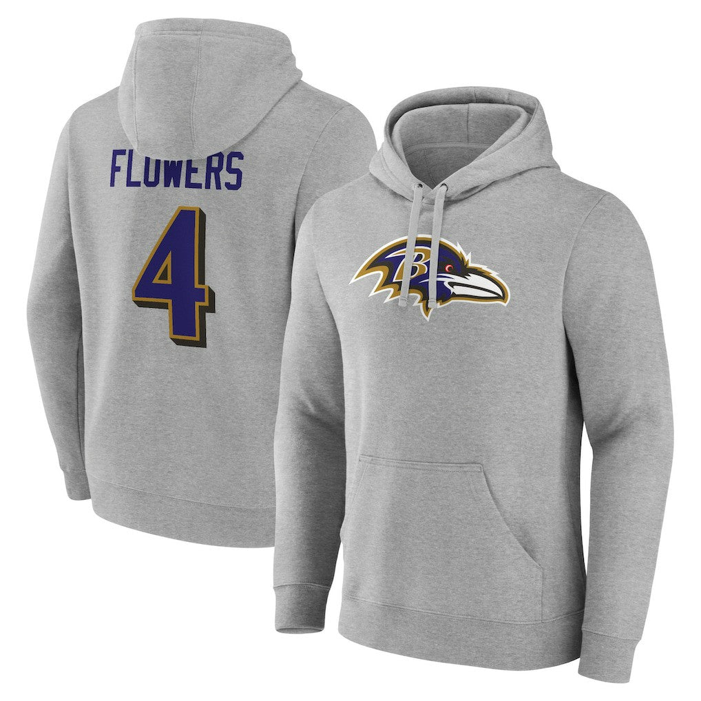 Zay Flowers Baltimore Ravens Icon Player Name & Number Pullover Hoodie - Gray on sale