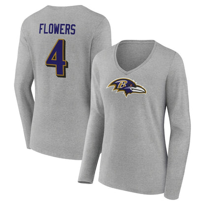 Zay Flowers Baltimore Ravens Women's Icon Player Name & Number Long Sleeve V-Neck T-Shirt - Gray discount