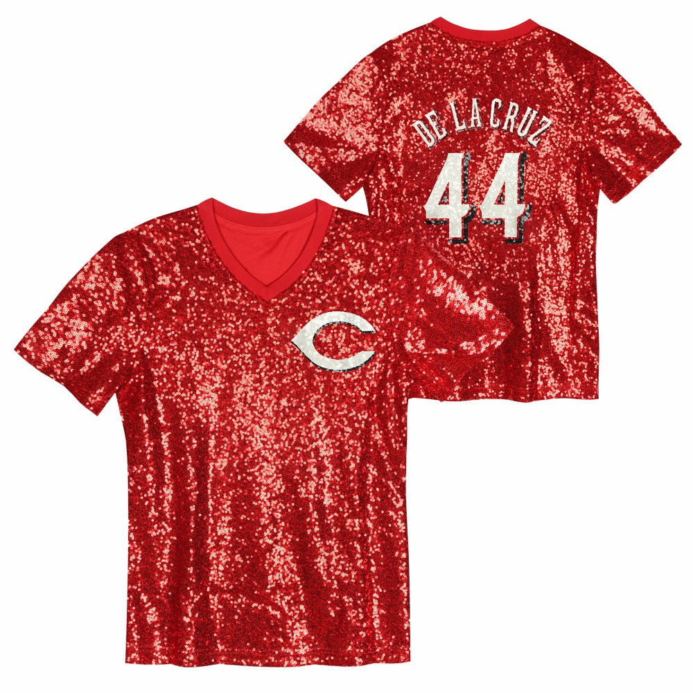 Elly De La Cruz Cincinnati Reds Juniors Name & Number Sequin V-Neck Top - Red