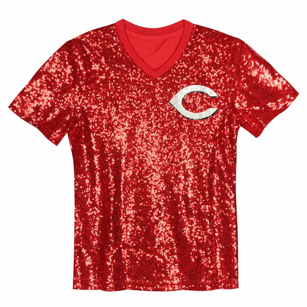 Elly De La Cruz Cincinnati Reds Juniors Name & Number Sequin V-Neck Top - Red