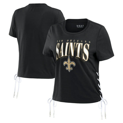 New Orleans Saints WEAR by Erin Andrews Women's Lace Up Side Modest Cropped T-Shirt - Black sale