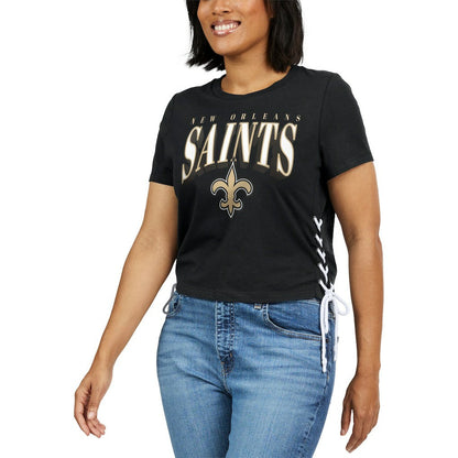 New Orleans Saints WEAR by Erin Andrews Women's Lace Up Side Modest Cropped T-Shirt - Black sale