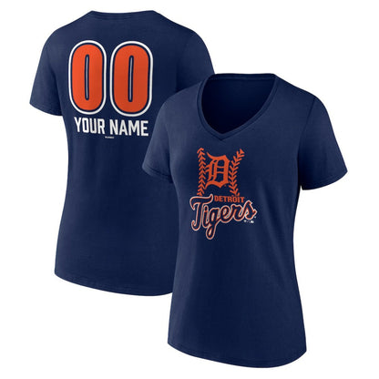 Detroit Tigers Women's Personalized Name & Number Fastball V-Neck T-Shirt - Navy