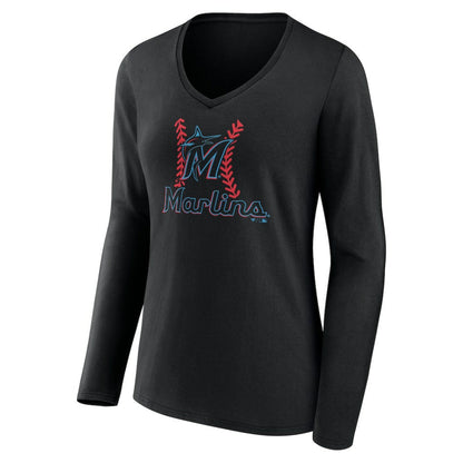 Miami Marlins Women's Personalized Name & Number Fastball Long Sleeve V-Neck T-Shirt - Black