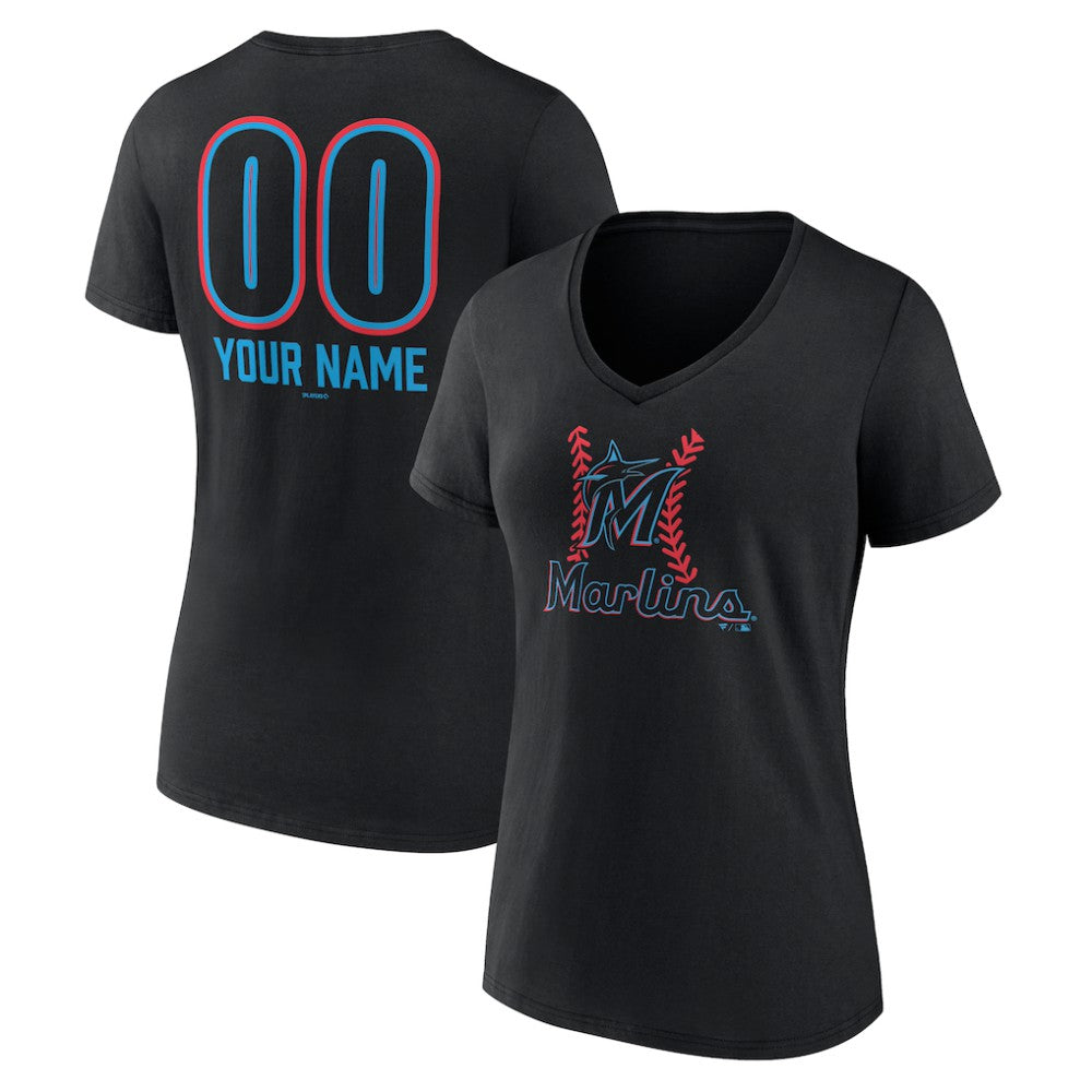 Miami Marlins Women's Personalized Name & Number Fastball V-Neck T-Shirt - Black
