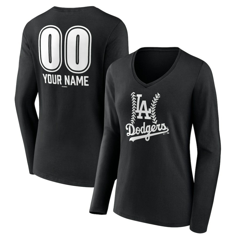 Los Angeles Dodgers Women's Personalized Name & Number Fastball Long Sleeve V-Neck T-Shirt - Black