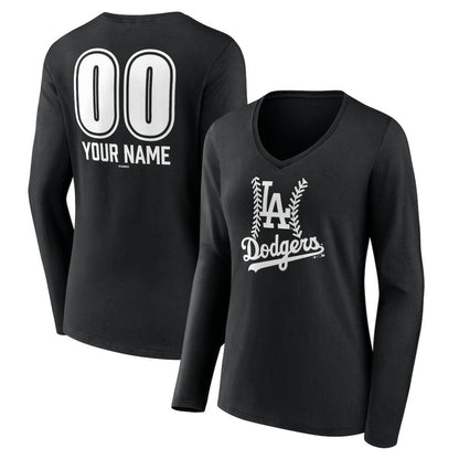 Los Angeles Dodgers Women's Personalized Name & Number Fastball Long Sleeve V-Neck T-Shirt - Black