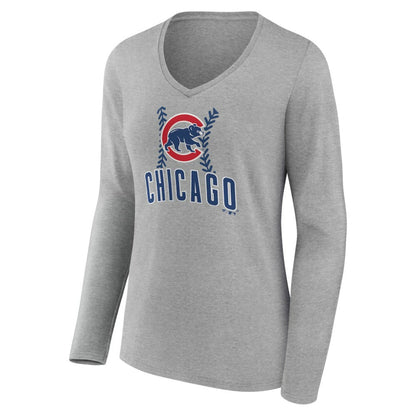 Chicago Cubs Women's Personalized Name & Number Fastball Long Sleeve V-Neck T-Shirt - Gray