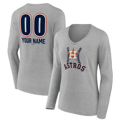 Houston Astros Women's Personalized Name & Number Fastball Long Sleeve V-Neck T-Shirt - Gray