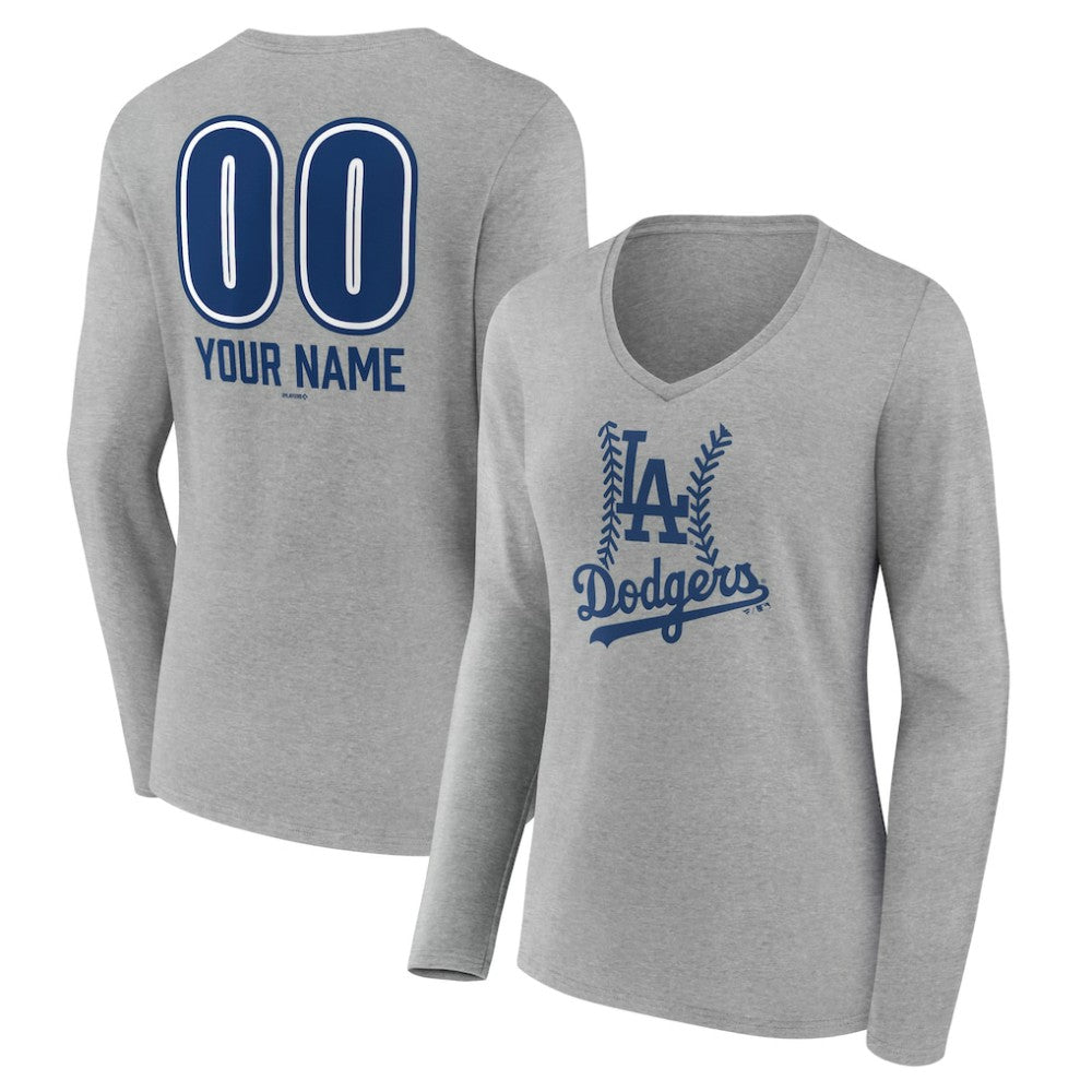 Los Angeles Dodgers Women's Personalized Name & Number Fastball Long Sleeve V-Neck T-Shirt - Gray
