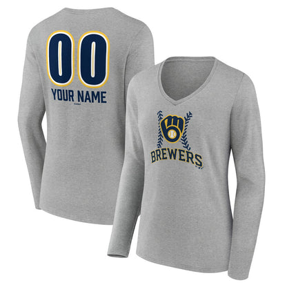 Milwaukee Brewers Women's Personalized Name & Number Fastball Long Sleeve V-Neck T-Shirt - Gray