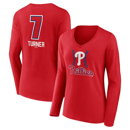Trea Turner Philadelphia Phillies Women's Fastball Player Name & Number Long Sleeve V-Neck T-Shirt - Red