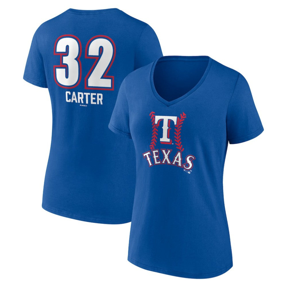 Evan Carter Texas Rangers Women's Fastball Player Name & Number V-Neck T-Shirt - Royal