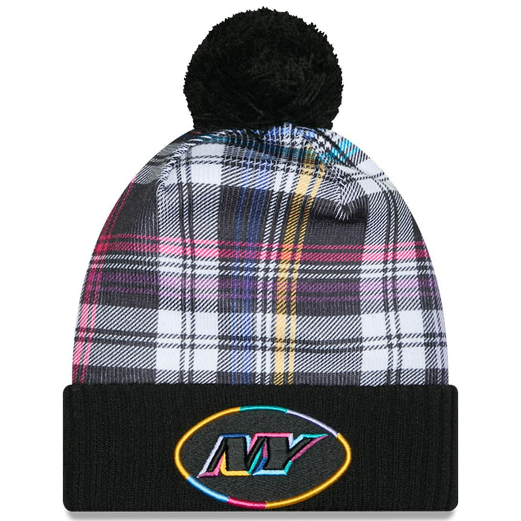 New York Jets New Era Youth 2024 NFL Crucial Catch Plaid Cuffed Pom Knit Hat - Black cheap