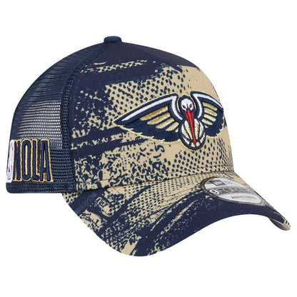 New Orleans Pelicans Tip Off A-Frame Trucker 9FORTY Adjustable Hat - Navy/Gold | New Era discount