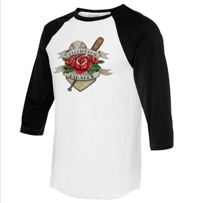 Pittsburgh Pirates Tiny Turnip Unisex American Traditional Rose 3/4-Sleeve Raglan T-Shirt - White/Black