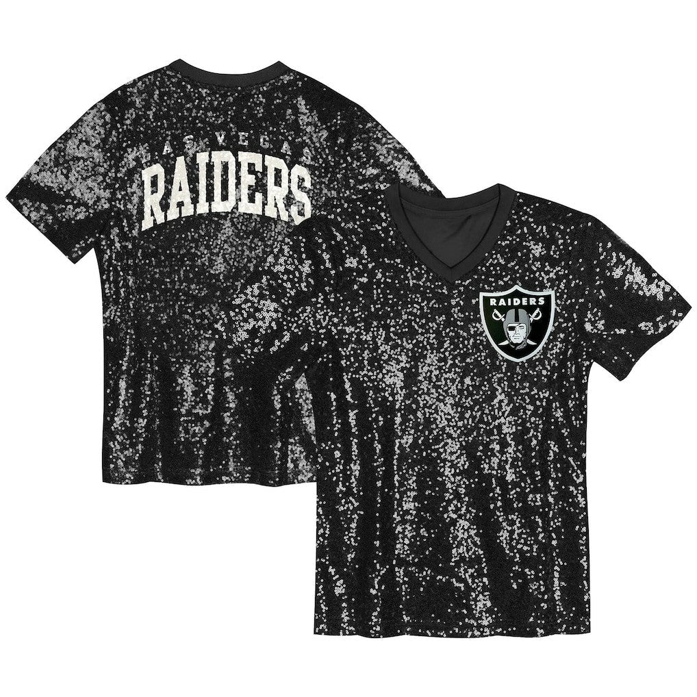 Las Vegas Raiders Girls Youth Wordmark Sequin V-Neck Top - Black cheap