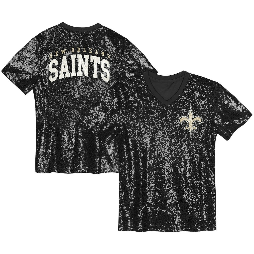 New Orleans Saints Girls Youth Wordmark Sequin V-Neck Top - Black sale