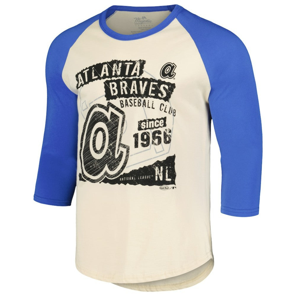 Atlanta Braves Majestic Threads Raglan 3/4-Sleeve T-Shirt - Cream/Royal