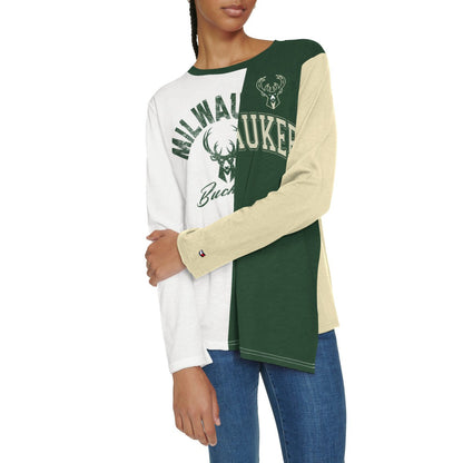 Milwaukee Bucks Tommy Jeans Women's Amelia Color Blocked Long Sleeve T-Shirt - White/Hunter Green cheap