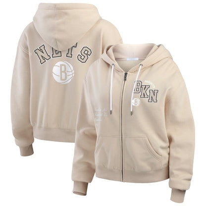 Brooklyn Nets WEAR by Erin Andrews Women's Tonal Felt Patch Full-Zip Hoodie - Tan sale