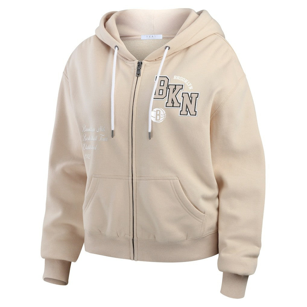 Brooklyn Nets WEAR by Erin Andrews Women's Tonal Felt Patch Full-Zip Hoodie - Tan sale