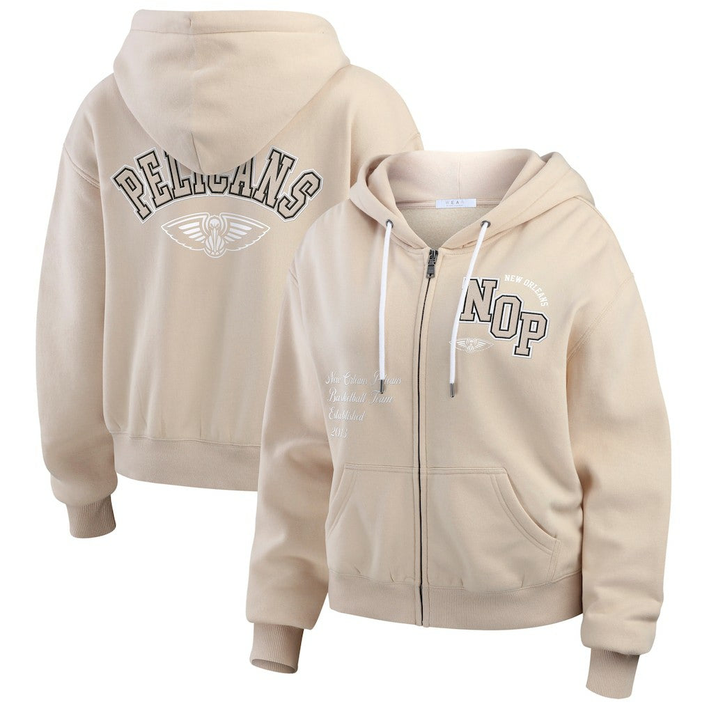 New Orleans Pelicans WEAR by Erin Andrews Women's Tonal Felt Patch Full-Zip Hoodie - Tan for sale