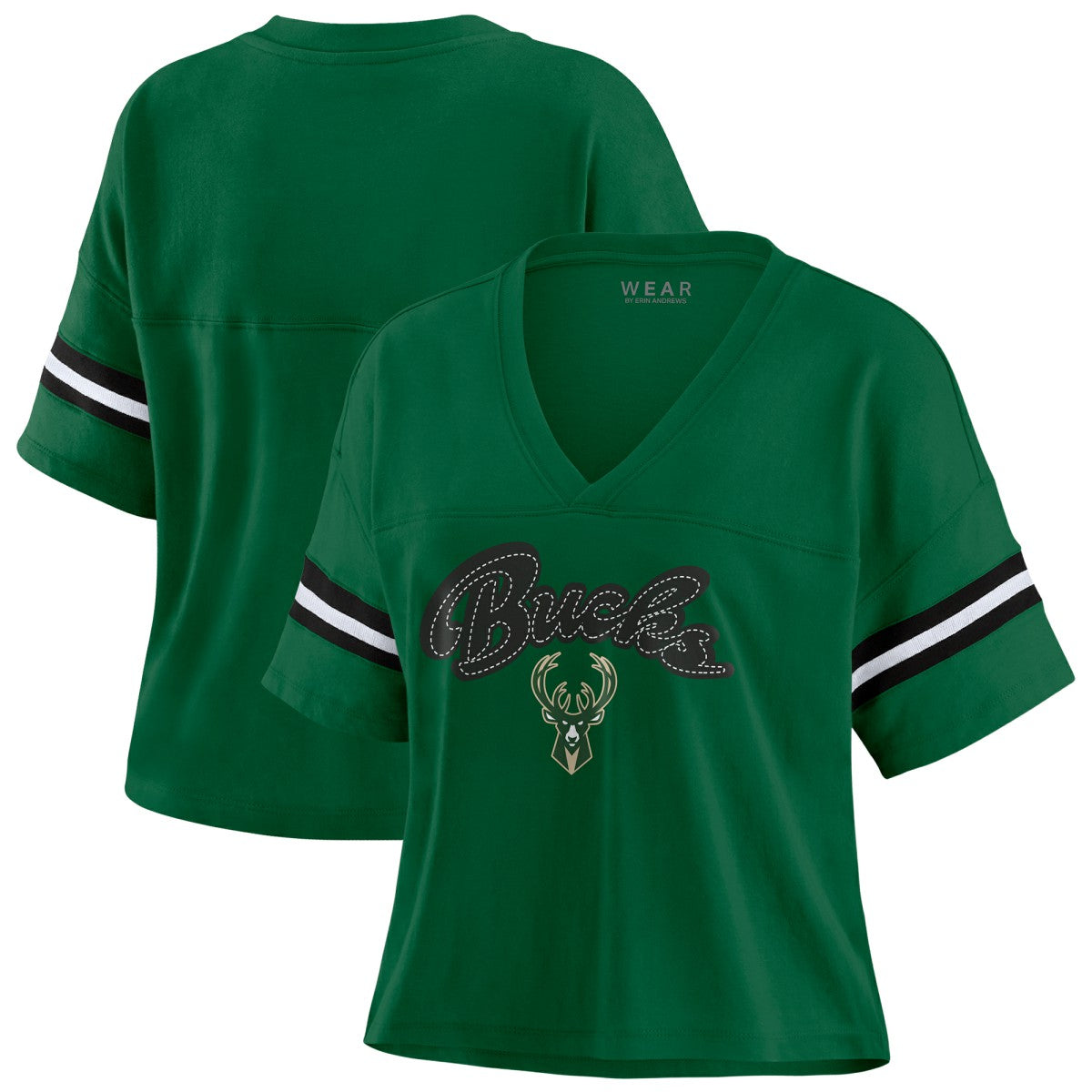 Milwaukee Bucks WEAR by Erin Andrews Women's Color Block Boxy V-Neck T-Shirt - Hunter Green discount