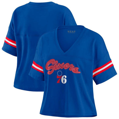 Philadelphia 76ers WEAR by Erin Andrews Women's Plus Size Color Block Boxy V-Neck T-Shirt - Royal outlet