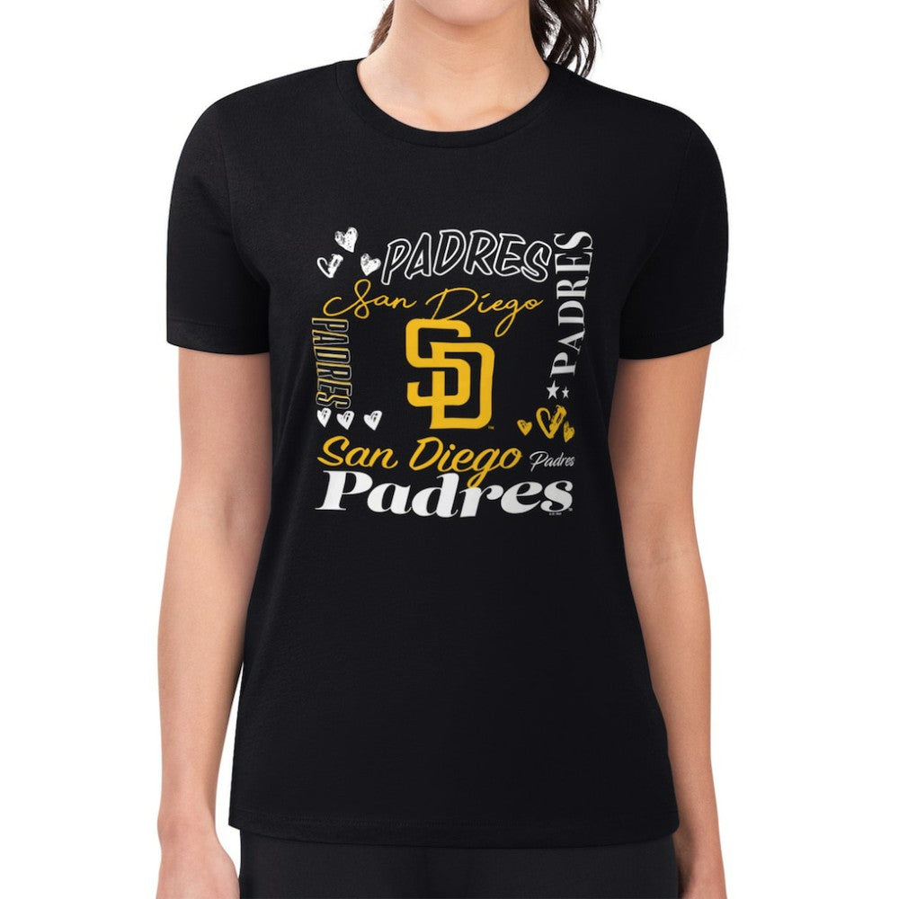 San Diego Padres G-III 4Her by Carl Banks Women's Super-Slim Fit Lightweight Collage Team Graphic Crew Neck T-Shirt - Black