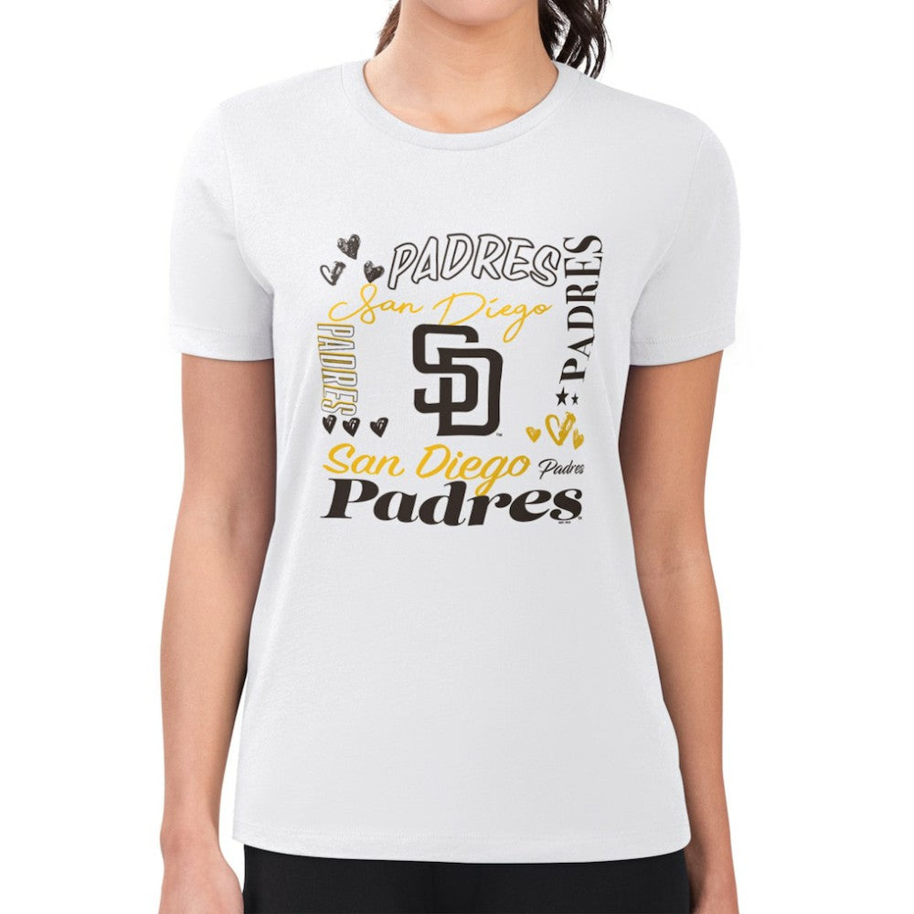 San Diego Padres G-III 4Her by Carl Banks Women's Super-Slim Fit Lightweight Collage Team Graphic Crew Neck T-Shirt - White