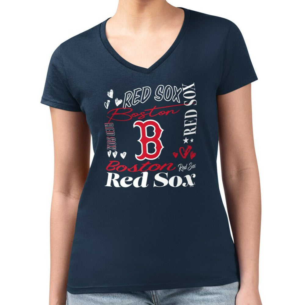 Boston Red Sox G-III 4Her by Carl Banks Women's Super-Slim Fit Lightweight Collage Team Graphic V-Neck T-Shirt - Navy