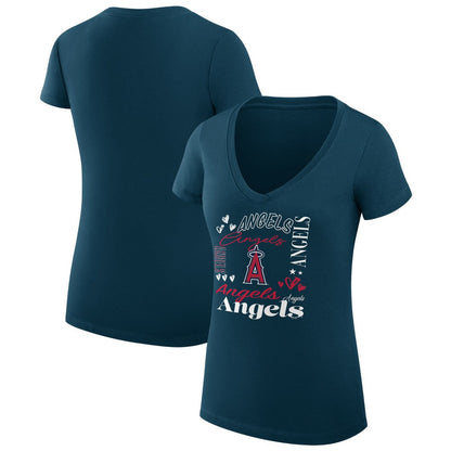 Los Angeles Angels G-III 4Her by Carl Banks Women's Super-Slim Fit Lightweight Collage Team Graphic V-Neck T-Shirt - Navy