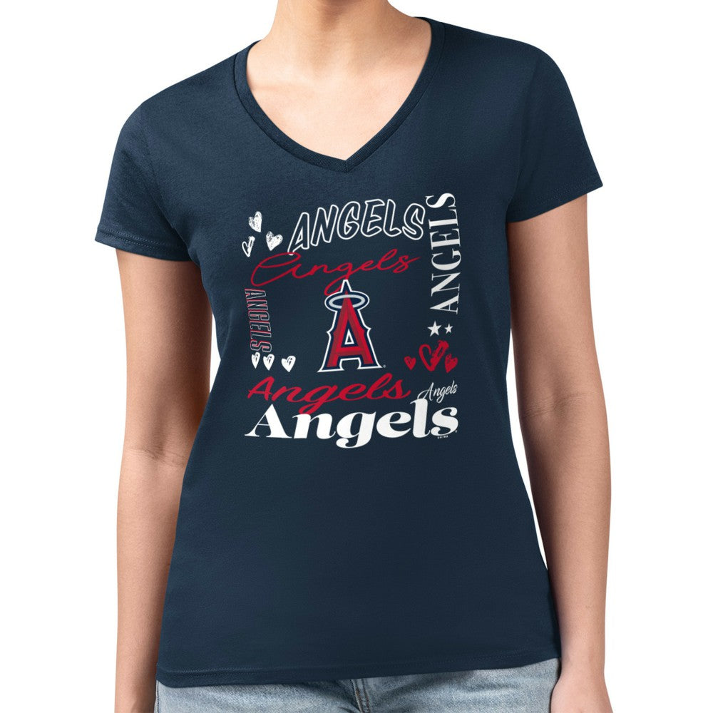 Los Angeles Angels G-III 4Her by Carl Banks Women's Super-Slim Fit Lightweight Collage Team Graphic V-Neck T-Shirt - Navy