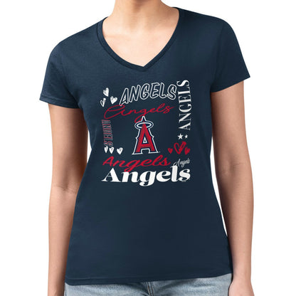 Los Angeles Angels G-III 4Her by Carl Banks Women's Super-Slim Fit Lightweight Collage Team Graphic V-Neck T-Shirt - Navy
