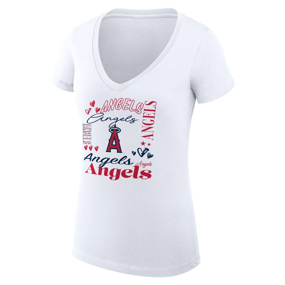 Los Angeles Angels G-III 4Her by Carl Banks Women's Super-Slim Fit Lightweight Collage Team Graphic V-Neck T-Shirt - White