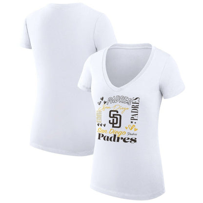 San Diego Padres G-III 4Her by Carl Banks Women's Super-Slim Fit Lightweight Collage Team Graphic V-Neck T-Shirt - White