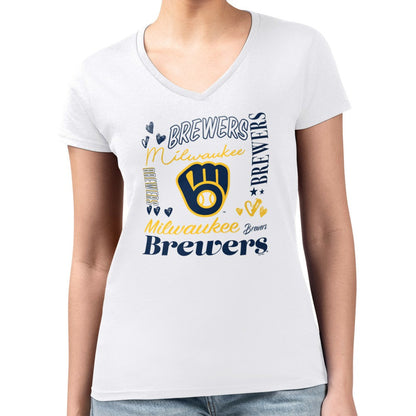Milwaukee Brewers G-III 4Her by Carl Banks Women's Super-Slim Fit Lightweight Collage Team Graphic V-Neck T-Shirt - White