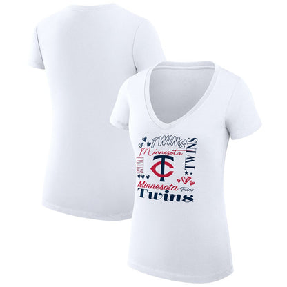 Minnesota Twins G-III 4Her by Carl Banks Women's Super-Slim Fit Lightweight Collage Team Graphic V-Neck T-Shirt - White