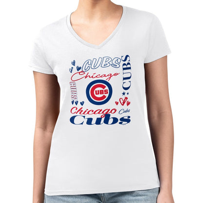 Chicago Cubs G-III 4Her by Carl Banks Women's Super-Slim Fit Lightweight Collage Team Graphic V-Neck T-Shirt - White