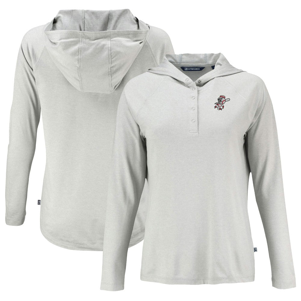 Cincinnati Reds Cutter & Buck Women's Cooperstown Collection Coastline Epic Comfort Eco Recycled Hoodie Raglan Long Sleeve T-Shirt - Gray