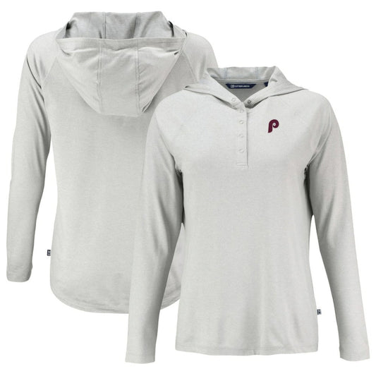 Philadelphia Phillies Cutter & Buck Women's Cooperstown Collection Coastline Epic Comfort Eco Recycled Hoodie Raglan Long Sleeve T-Shirt - Gray