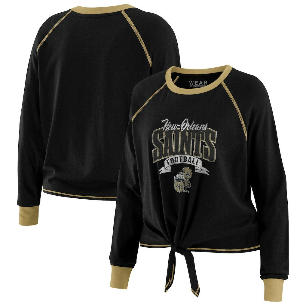 New Orleans Saints WEAR by Erin Andrews Women's Tie-Front Long Sleeve Top - Black/Gold cheap