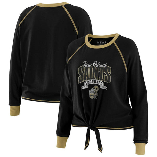 New Orleans Saints WEAR by Erin Andrews Women's Tie-Front Long Sleeve Top - Black/Gold cheap