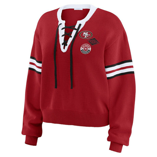 San Francisco 49ers WEAR by Erin Andrews Women's Lace-Up Pullover Sweatshirt - Scarlet on sale
