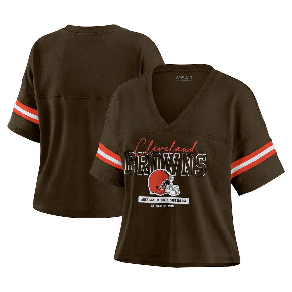 Cleveland Browns WEAR by Erin Andrews Women's Color Block Boxy Modest Crop V-Neck T-Shirt - Brown online