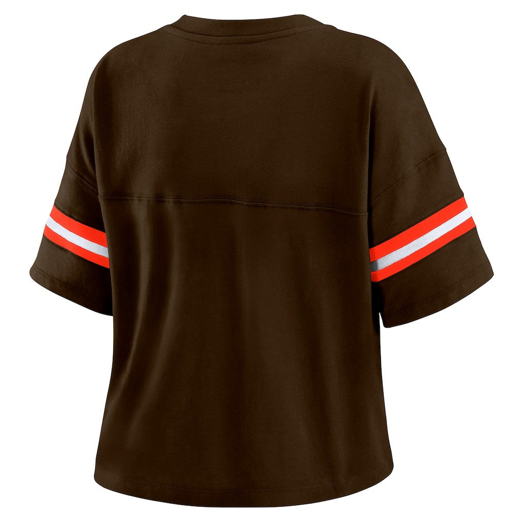 Cleveland Browns WEAR by Erin Andrews Women's Color Block Boxy Modest Crop V-Neck T-Shirt - Brown online