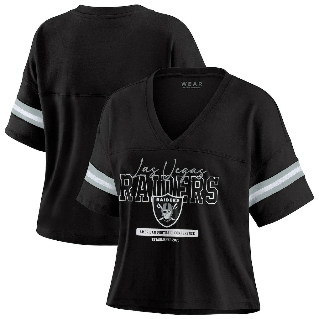 Las Vegas Raiders WEAR by Erin Andrews Women's Color Block Boxy Modest Crop V-Neck T-Shirt - Black for sale