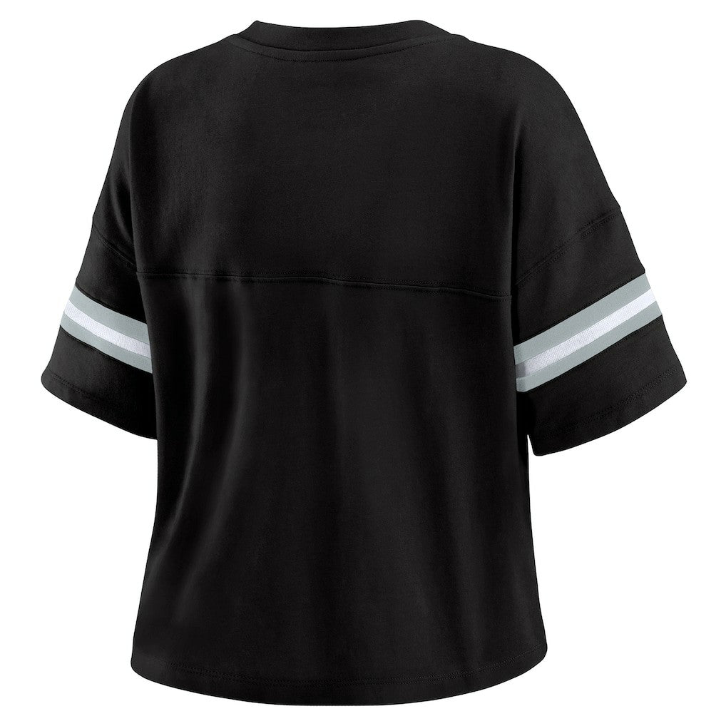 Las Vegas Raiders WEAR by Erin Andrews Women's Color Block Boxy Modest Crop V-Neck T-Shirt - Black for sale